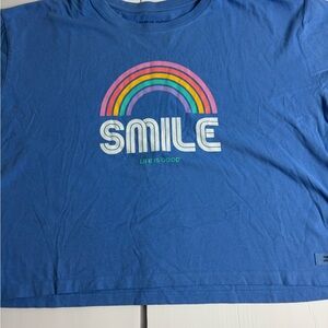 Life Is Good Blue Tee with Rainbow and Smile Graphic